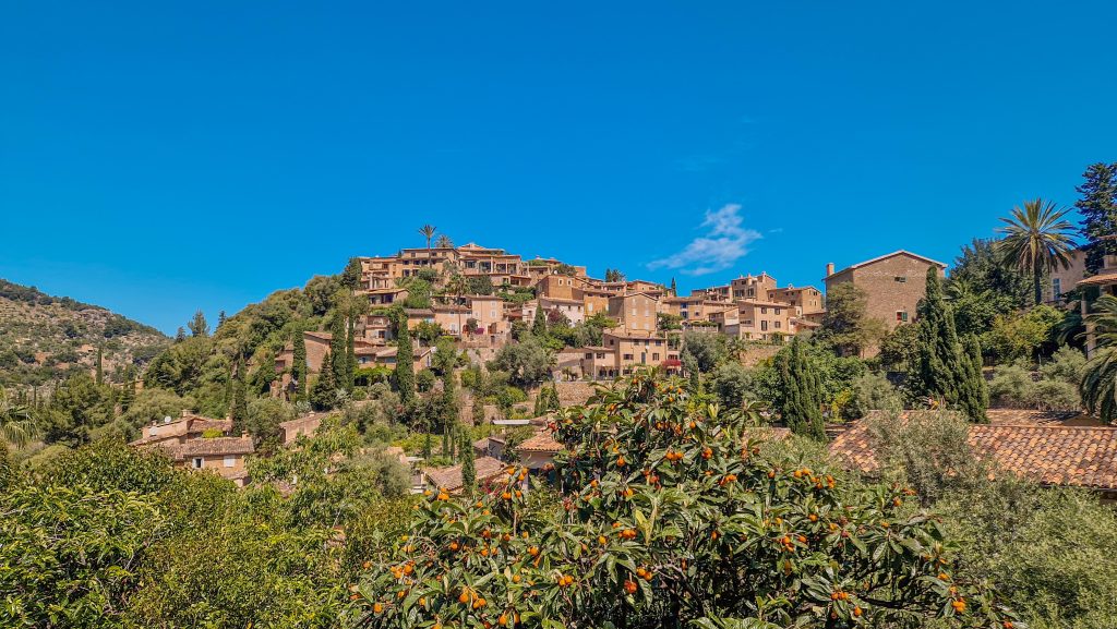 Ausblick auf Deià eingebettet in die Serra de Tramuntana und Orangenbäume
