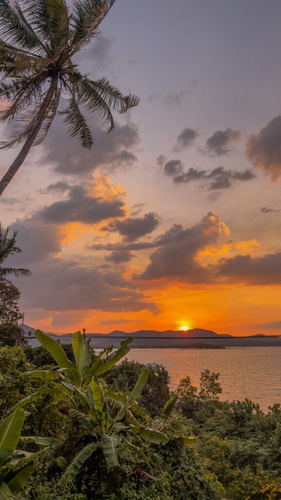 Tropischer Sonnenuntergang auf Koh Yao Noi mit Palme und Bananenstauden im Vordergrund